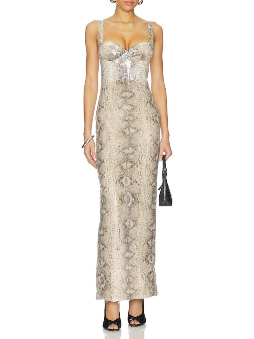 Sleeveless Snake-Print Maxi Dress in Beige